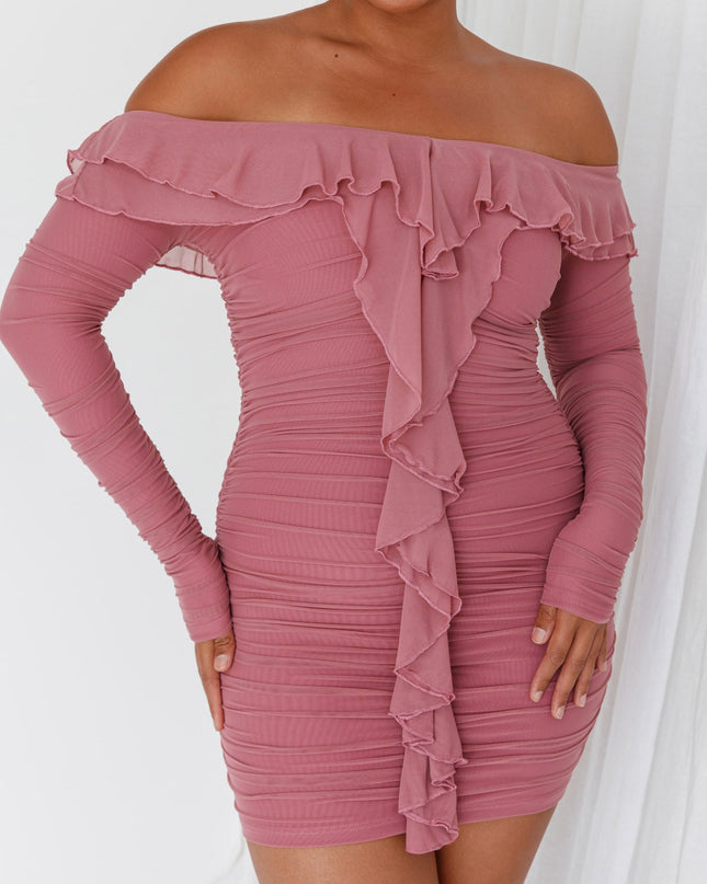 Mauve Off-Shoulder Long Sleeve Mini Dress
