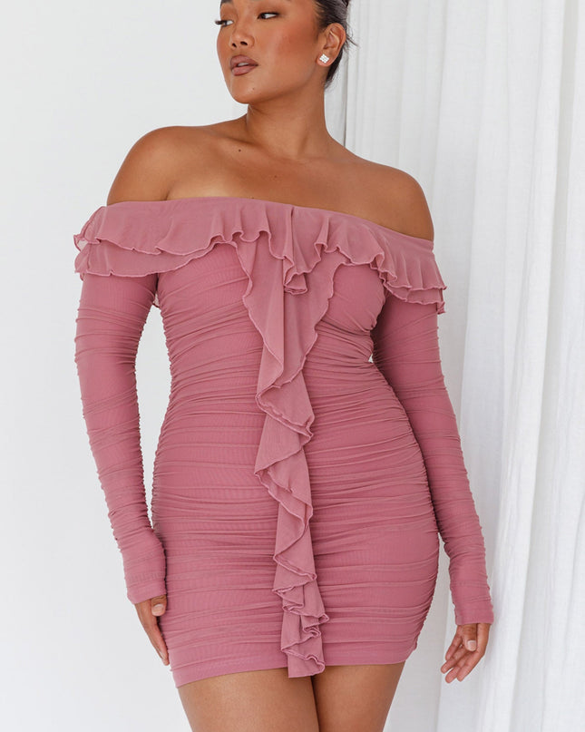 Mauve Off-Shoulder Long Sleeve Mini Dress