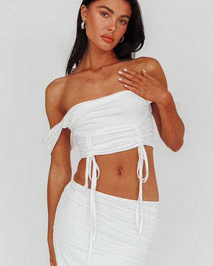 White Drawstring Ruched Crop Top