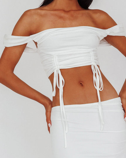White Drawstring Ruched Crop Top