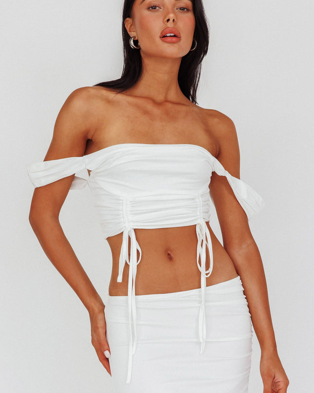 White Drawstring Ruched Crop Top