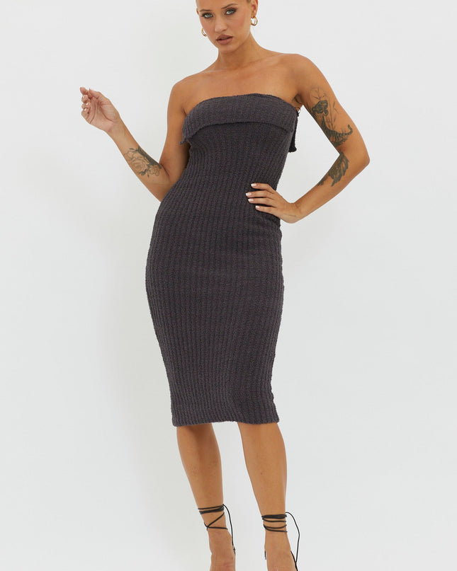Charcoal Ribbed Knit Midi Dress