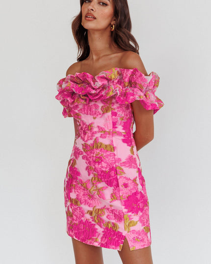 Pink Off-Shoulder Textured Mini Dress