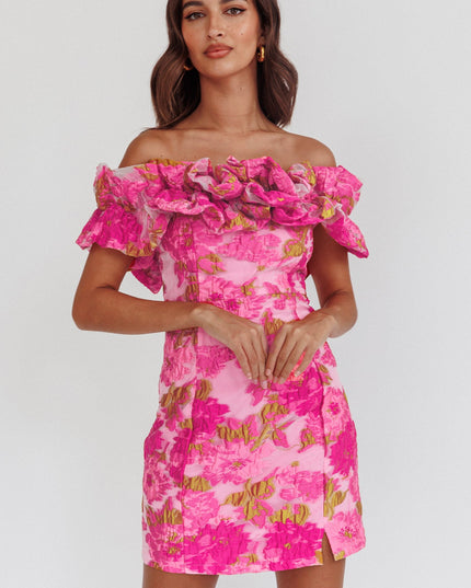 Pink Off-Shoulder Textured Mini Dress