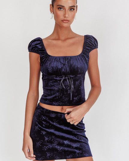 Navy High Rollers Floral Velvet Mini Skirt