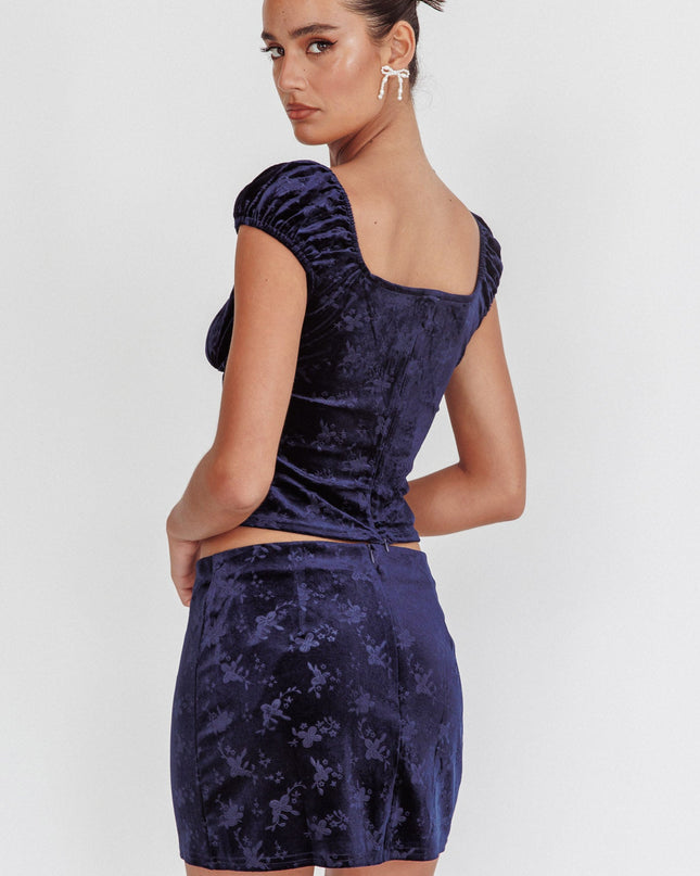Navy High Rollers Floral Velvet Mini Skirt