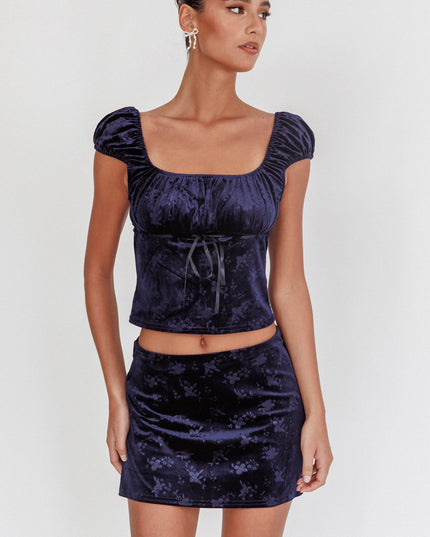 Navy High Rollers Floral Velvet Mini Skirt