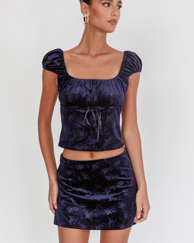 Navy High Rollers Floral Velvet Mini Skirt