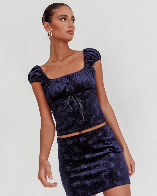 Navy High Rollers Floral Velvet Mini Skirt