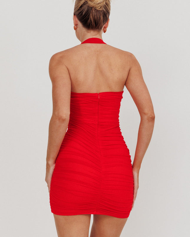 Red Draped Strapless Mini Dress