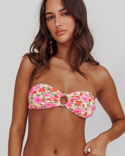Floral Bandeau O-Ring Bikini Top Yellow