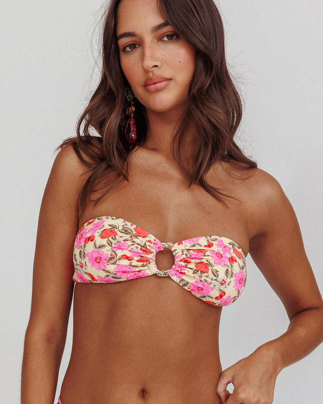 Floral Bandeau O-Ring Bikini Top Yellow