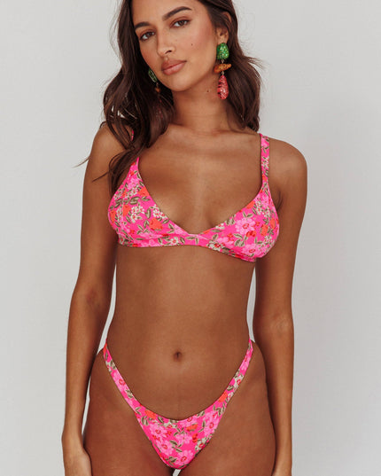 Floral Tanga Bikini Bottoms Pink