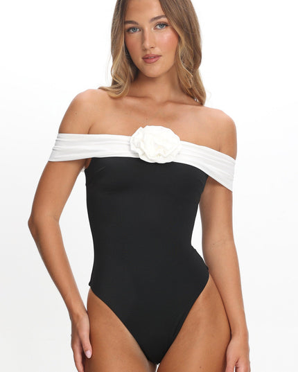 Black/Ivory Lorona Off-Shoulder One-Piece