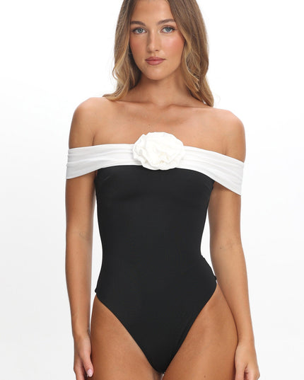 Black/Ivory Lorona Off-Shoulder One-Piece