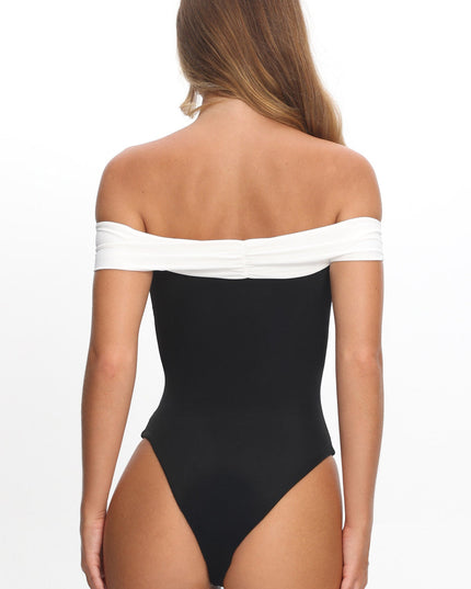 Black/Ivory Lorona Off-Shoulder One-Piece