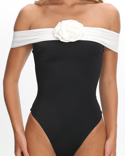 Black/Ivory Lorona Off-Shoulder One-Piece