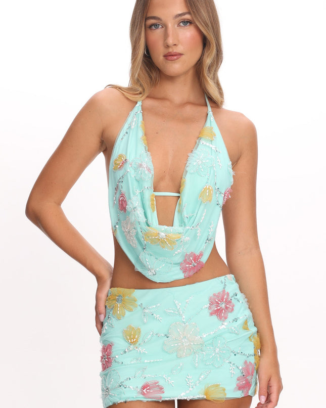 Sequin Embellished Mini Skirt Aqua