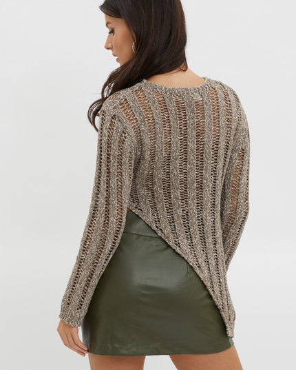 Khaki Asymmetrical Hem Ribbed Knit Top