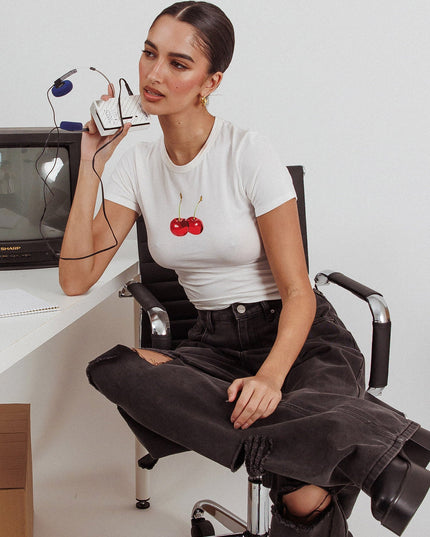 White Cherry Print Baby Tee