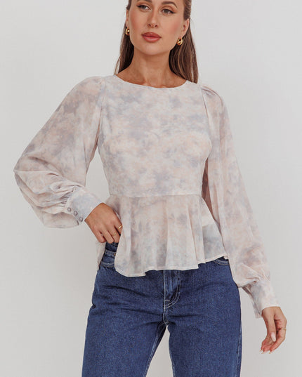 Dusty Blue/Peach Balloon Sleeves Peplum Top
