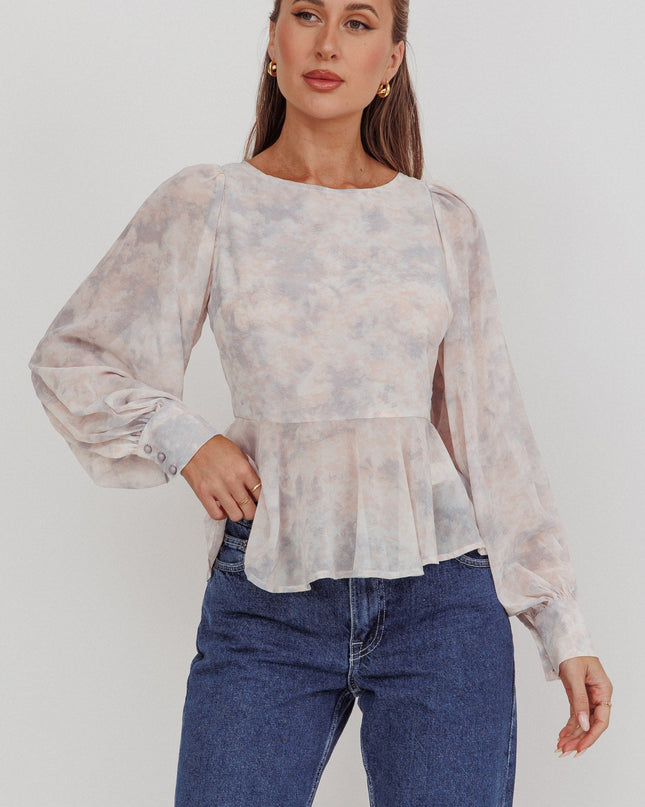 Dusty Blue/Peach Balloon Sleeves Peplum Top