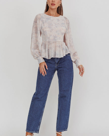 Dusty Blue/Peach Balloon Sleeves Peplum Top