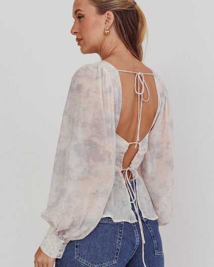 Dusty Blue/Peach Balloon Sleeves Peplum Top