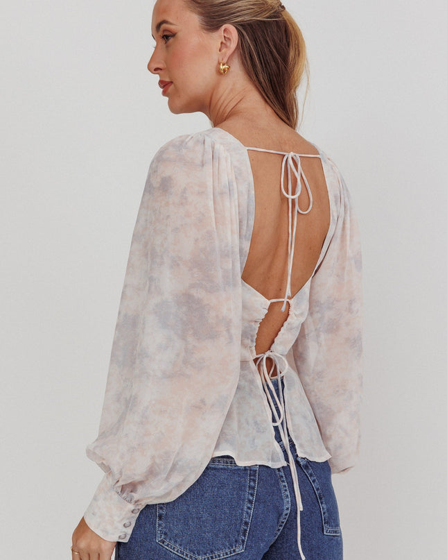 Dusty Blue/Peach Balloon Sleeves Peplum Top