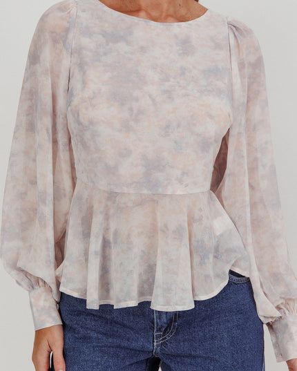 Dusty Blue/Peach Balloon Sleeves Peplum Top