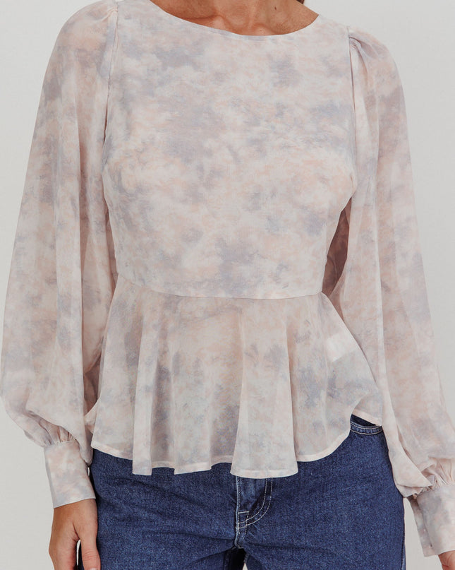 Dusty Blue/Peach Balloon Sleeves Peplum Top