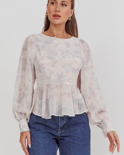 Dusty Blue/Peach Balloon Sleeves Peplum Top