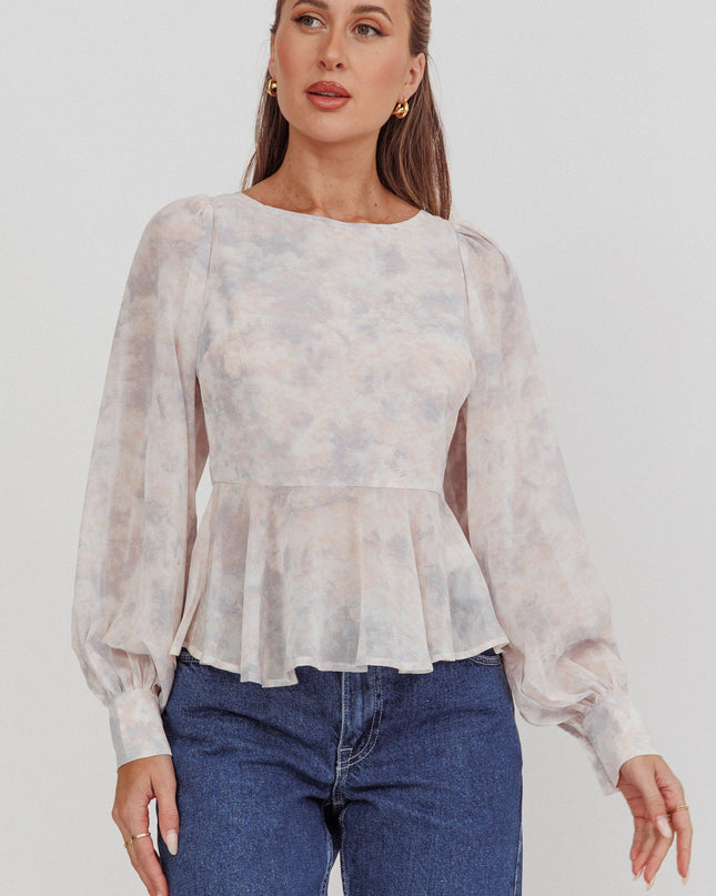 Dusty Blue/Peach Balloon Sleeves Peplum Top
