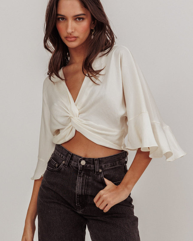 Ivory Flounce Sleeve Knot Top