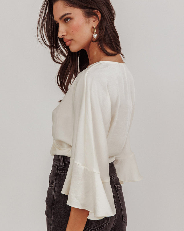 Ivory Flounce Sleeve Knot Top