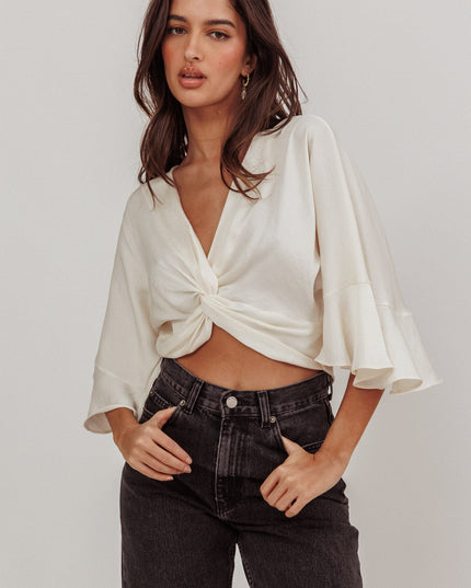 Ivory Flounce Sleeve Knot Top