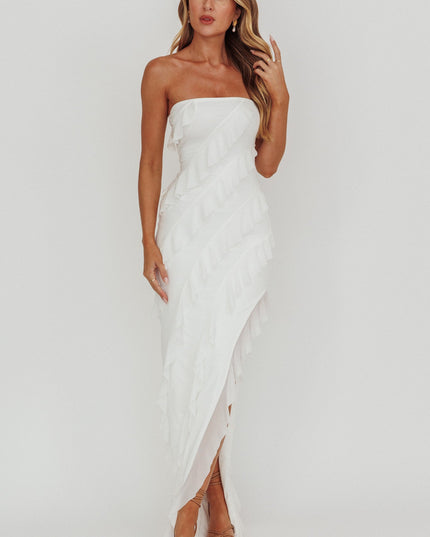 Off White Strapless Ruffle Maxi Dress