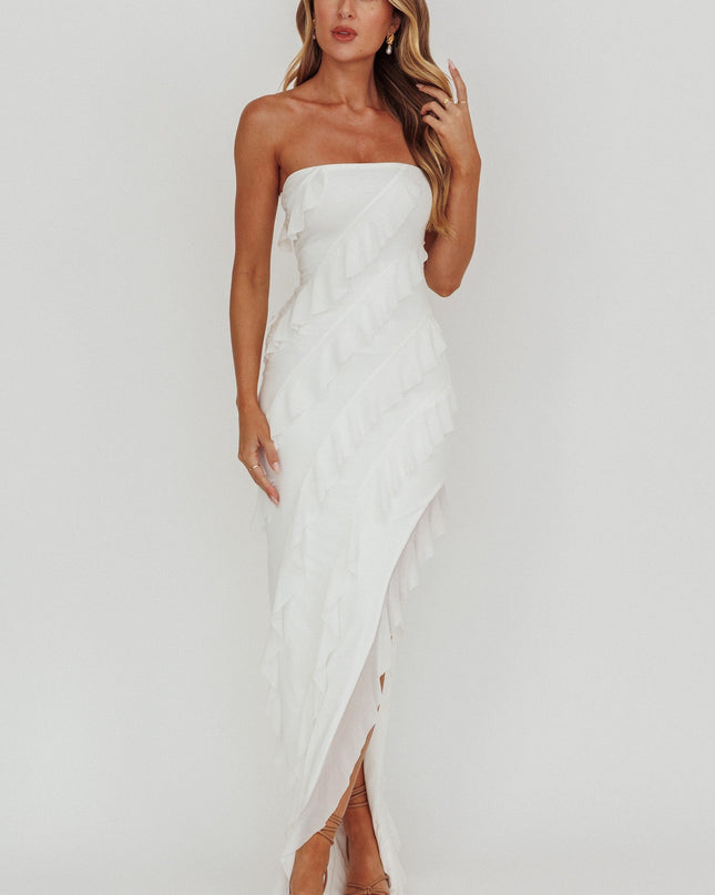 Off White Strapless Ruffle Maxi Dress
