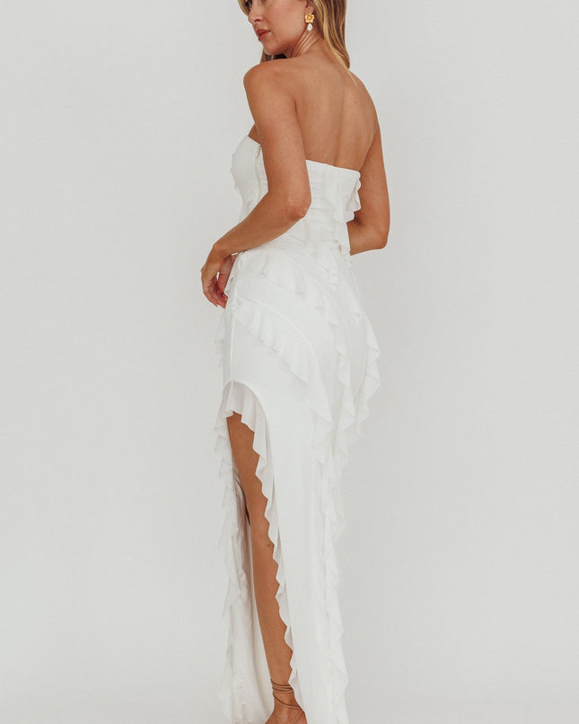 Off White Strapless Ruffle Maxi Dress