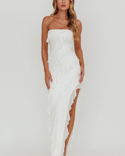 Off White Strapless Ruffle Maxi Dress