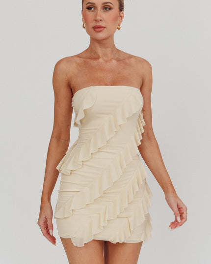 Beige Gold Stars Strapless Ruffle Mini Dress