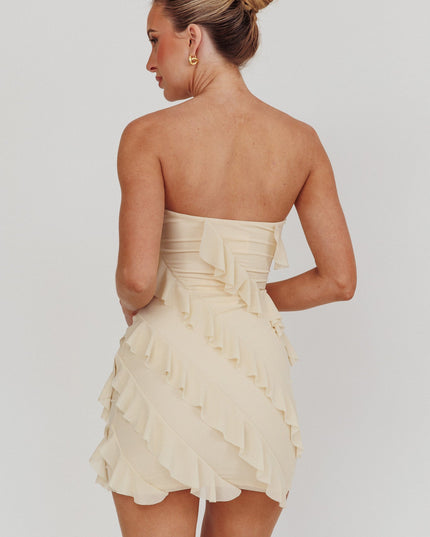 Beige Gold Stars Strapless Ruffle Mini Dress