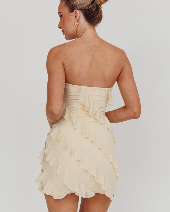 Beige Gold Stars Strapless Ruffle Mini Dress