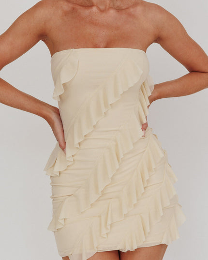 Beige Gold Stars Strapless Ruffle Mini Dress