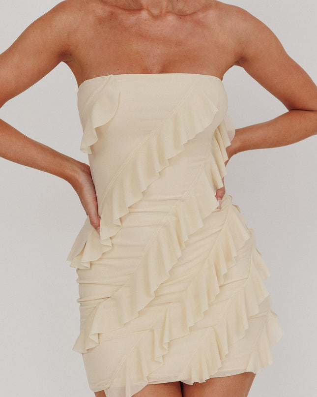 Beige Gold Stars Strapless Ruffle Mini Dress