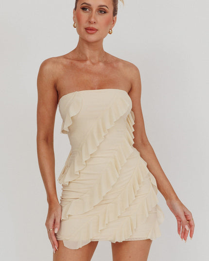Beige Gold Stars Strapless Ruffle Mini Dress