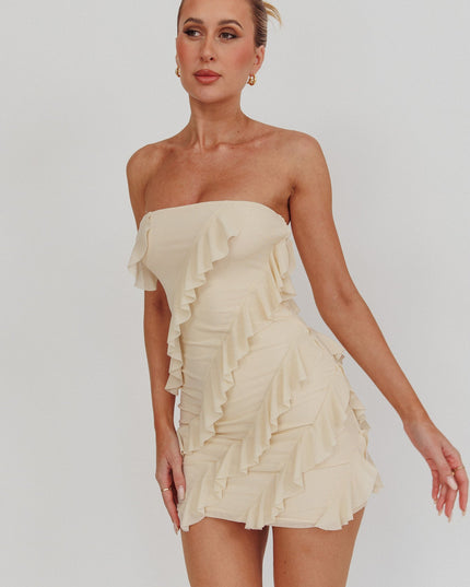 Beige Gold Stars Strapless Ruffle Mini Dress