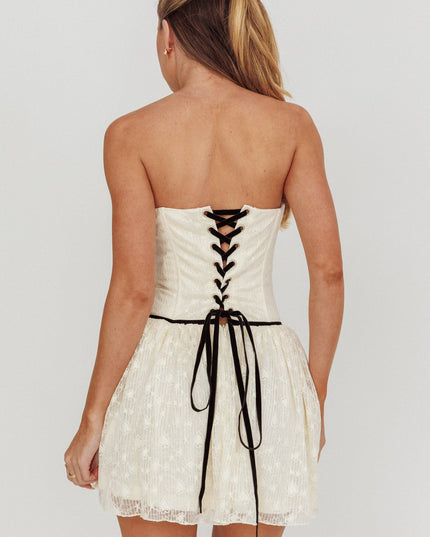 Ivory Lace Up Strapless Mini Dress