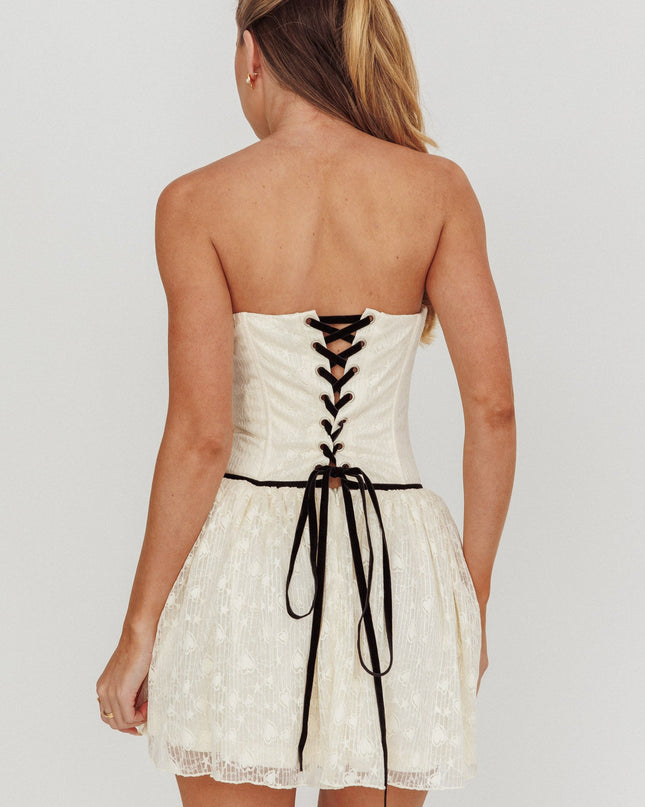 Ivory Lace Up Strapless Mini Dress