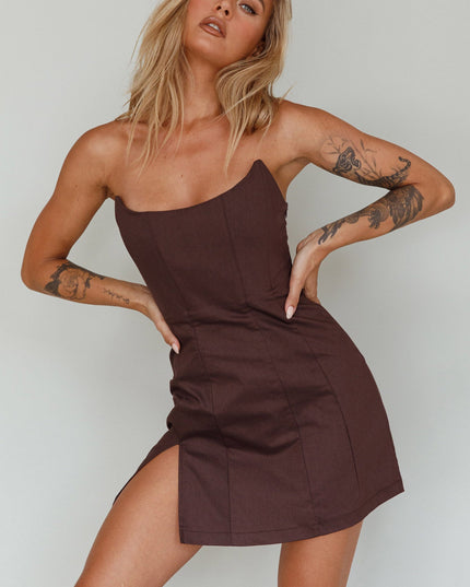Brown Scoop Neckline Strapless Mini Dress
